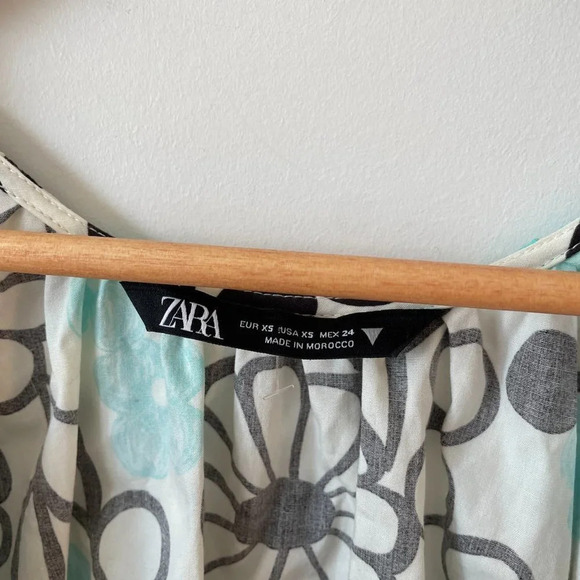 Zara Floral Print Poplin Wrap Puff Sleeve Dress NWOT White Blue Black Size XS - Picture 12 of 13